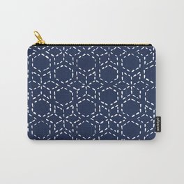 Plum blossoms sashiko  Carry-All Pouch | White, Pattern, Floral, Plumblossoms, Flowers, Graphicdesign, Navy, Digital, Indigo, Geometric 