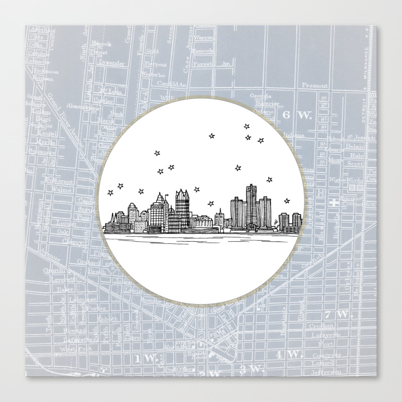 Detroit Michigan City Skyline Illustration Drawing Canvas Print By Architettestudios Society6