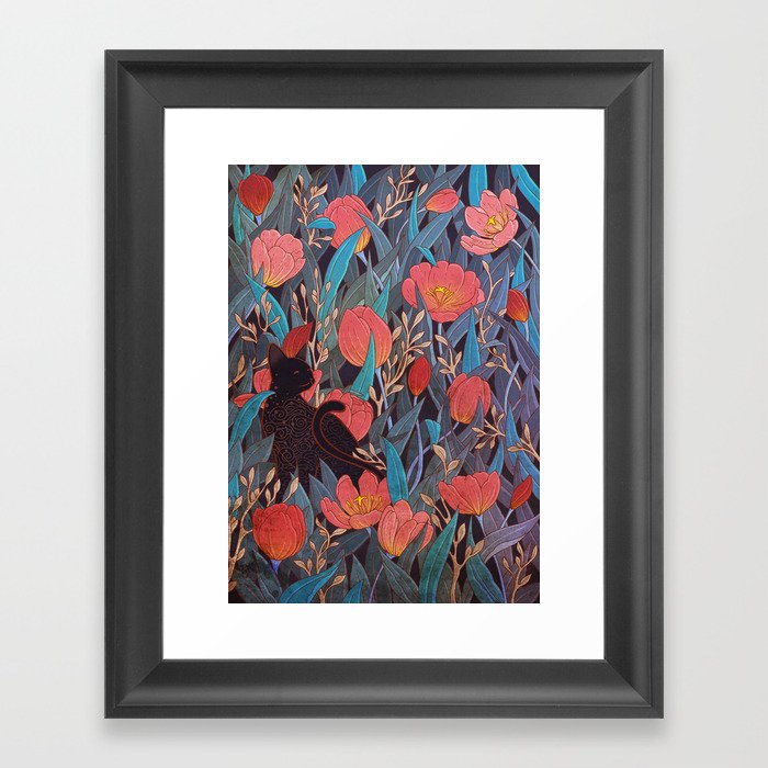 Black cat and tulips Framed Art Print