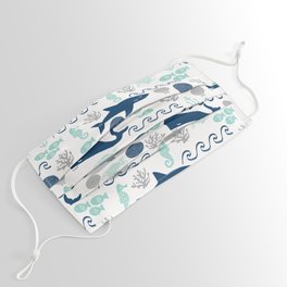 Nautical ocean animals sharks whales seahorses wave pattern sea life Face Mask