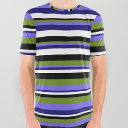 [ Thumbnail: Eye-catching Black, Green, Medium Slate Blue, Midnight Blue, and White Colored Stripes/Lines Pattern All Over Graphic Tee ]