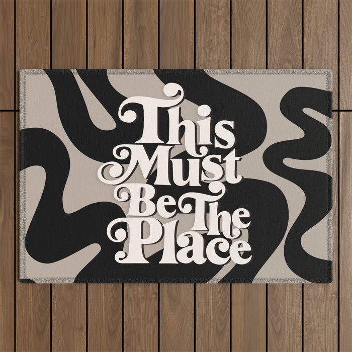 This Must Be The Place - 70s, Vintage, Retro, Abstract Pattern (Black & Beige) Outdoor Rug