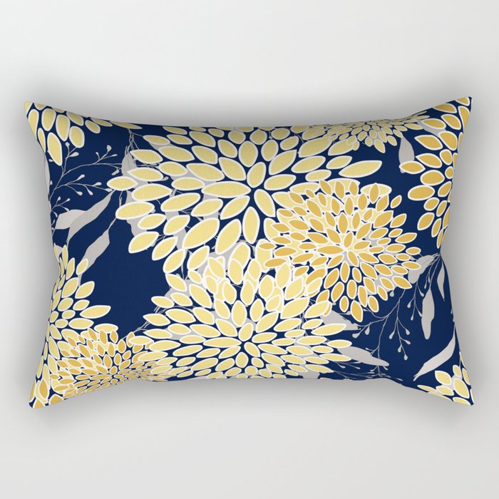 Floral Leaves and Blooms, Yellow and Navy Blue Rectangular Pillow