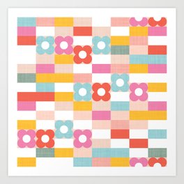 Retro Rainbow floral check pattern Art Print