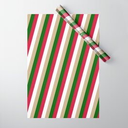 [ Thumbnail: Tan, Dark Green, Crimson, and White Colored Striped Pattern Wrapping Paper ]