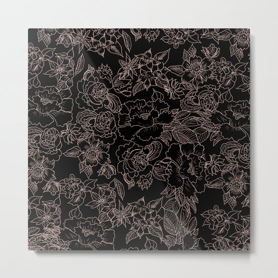 Pink coral tan black floral illustration pattern Metal Print