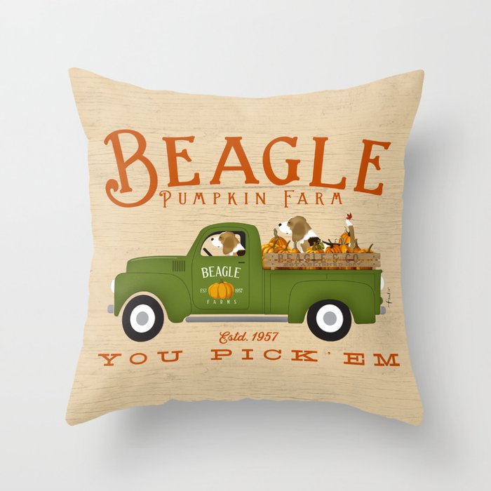 Beagle dog truck pumpkin farm vintage halloween autumn fall farm Throw Pillow