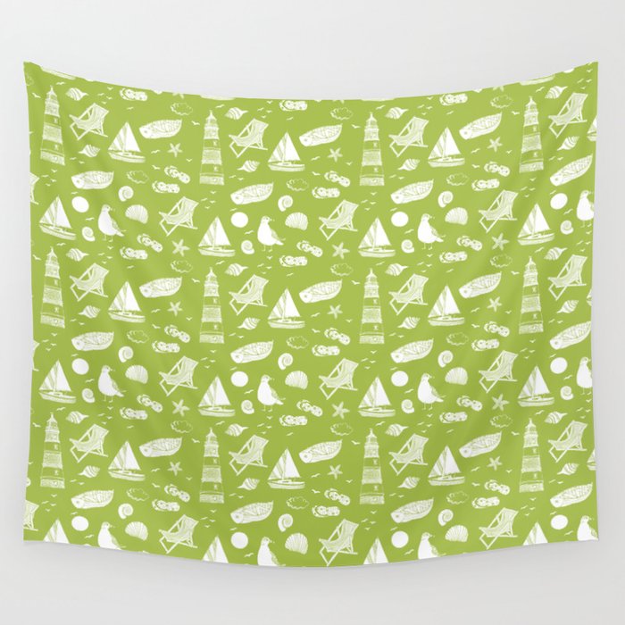 Light Green And White Summer Beach Elements Pattern Wall Tapestry