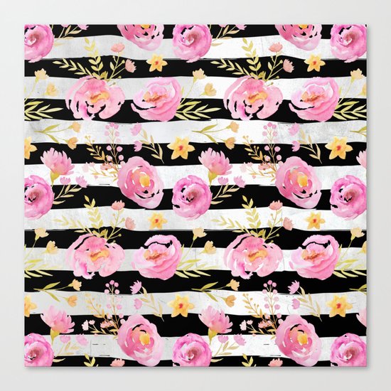 Delicate Poppy Pattern On Stripes Canvas Print