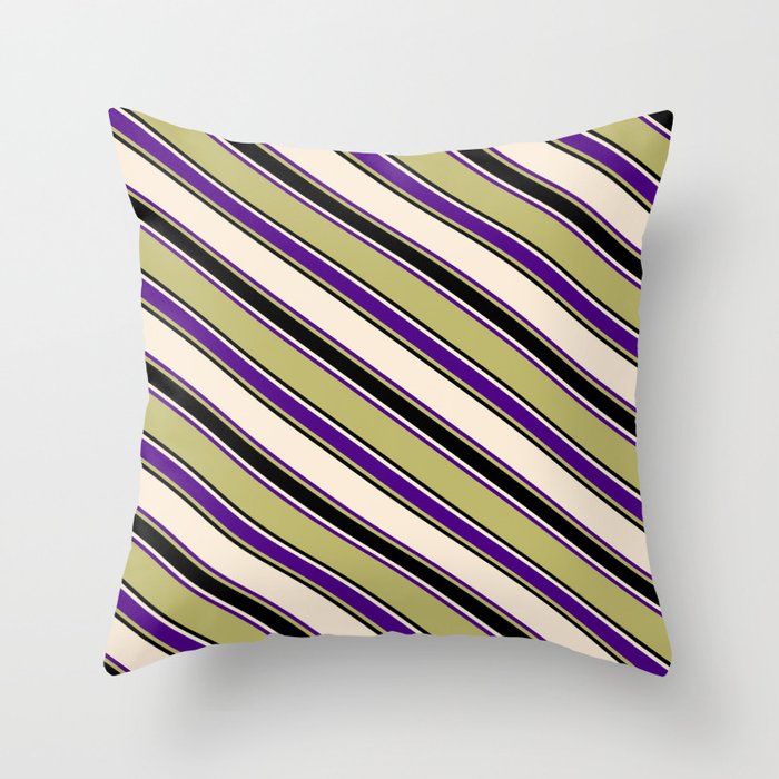 Beige, Indigo, Dark Khaki, and Black Colored Striped/Lined Pattern Throw Pillow
