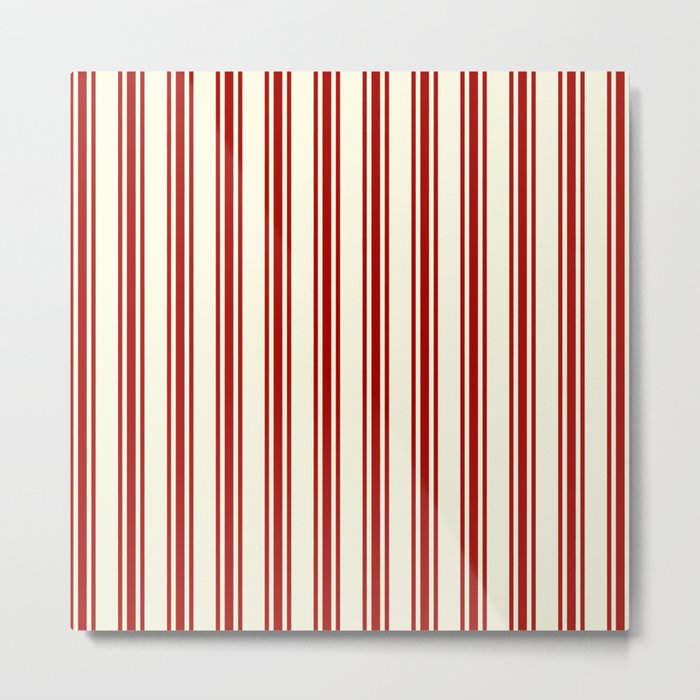 Dark Red & Cream Ticking Stripes Pattern Metal Print