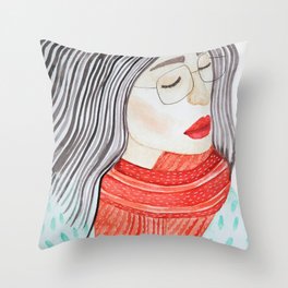 Beautiful lady with closed eyes in a red scarf wearing eyeglasses. Watercolor illustration. Throw Pillow