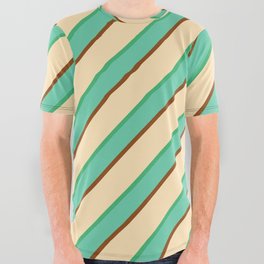 [ Thumbnail: Beige, Sea Green, Aquamarine & Brown Colored Lines Pattern All Over Graphic Tee ]