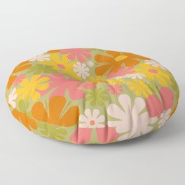 Retro 60s 70s Aesthetic Floral Pattern in Green Pink Yellow Orange Floor Pillow