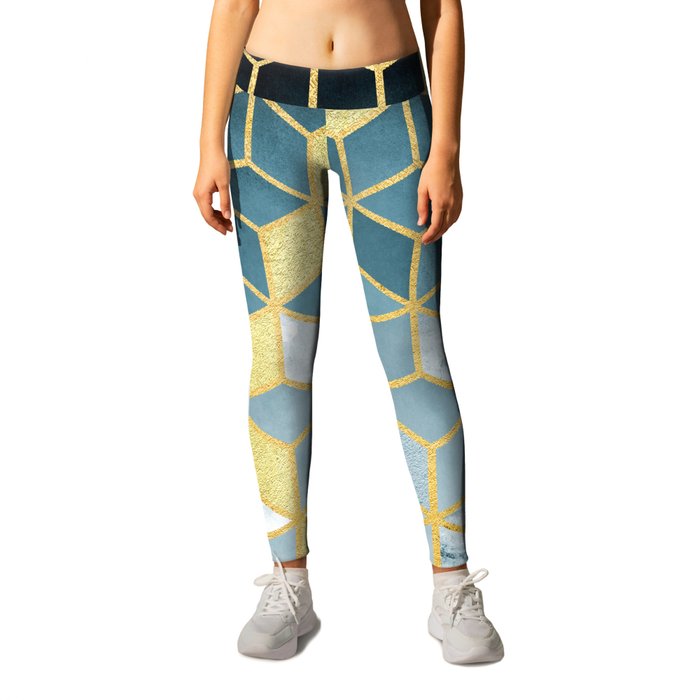 Shades Of Turquoise Green Cubes Pattern Leggings
