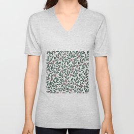Winter Red Berries Green Leaves Floral Pattern V Neck T Shirt