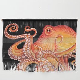 Red Orange Octopus Tentacles Kraken on Black Watercolor Art Wall Hanging