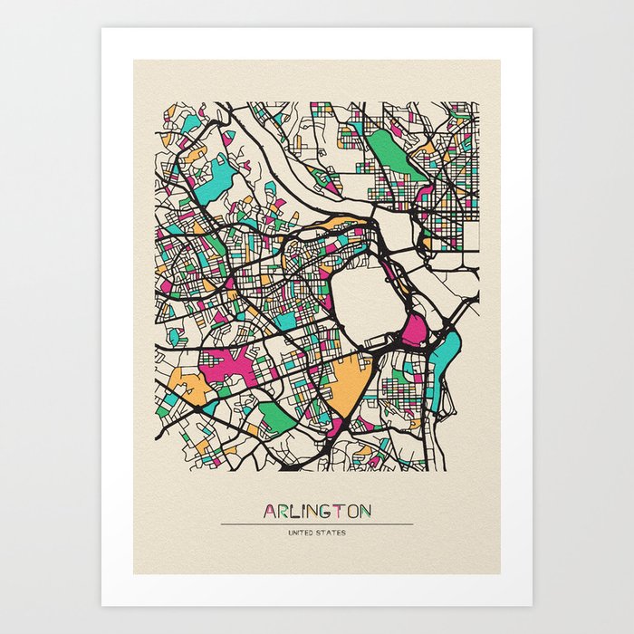 Colorful City Maps: Arlington County, Virginia Art Print