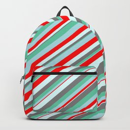 [ Thumbnail: Eyecatching Aquamarine, Powder Blue, Red, Light Cyan, and Gray Colored Lines Pattern Backpack ]