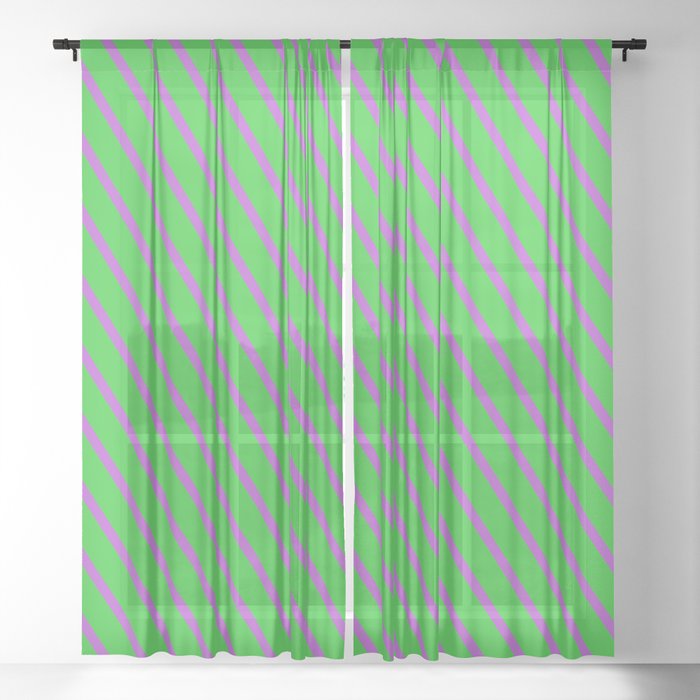 Lime Green and Orchid Colored Striped Pattern Sheer Curtain