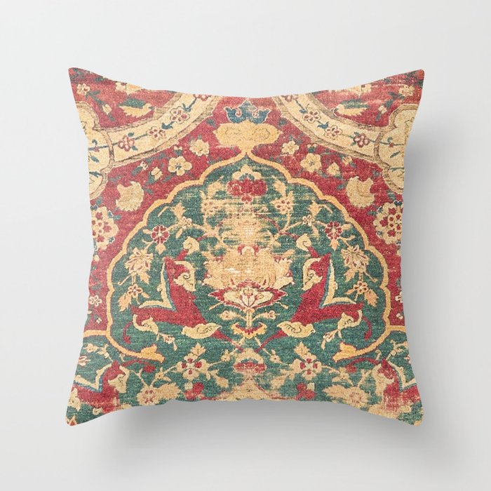 Peonies Kashan II // 16th Century Distressed Colorful Red Tan Light Blue Ornate Accent Rug Pattern Throw Pillow