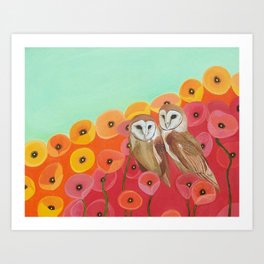 Owls in a Poppy Field Art Print