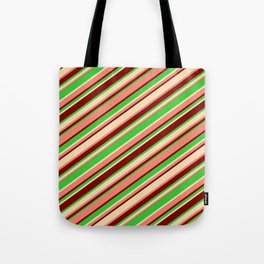 [ Thumbnail: Salmon, Maroon, Lime Green & Tan Colored Lines Pattern Tote Bag ]