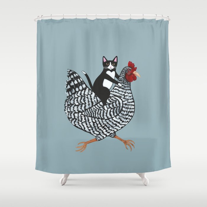 Tuxedo Cat Riding a Chicken Shower Curtain