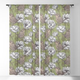 White anemone flowers and wrens Sheer Curtain