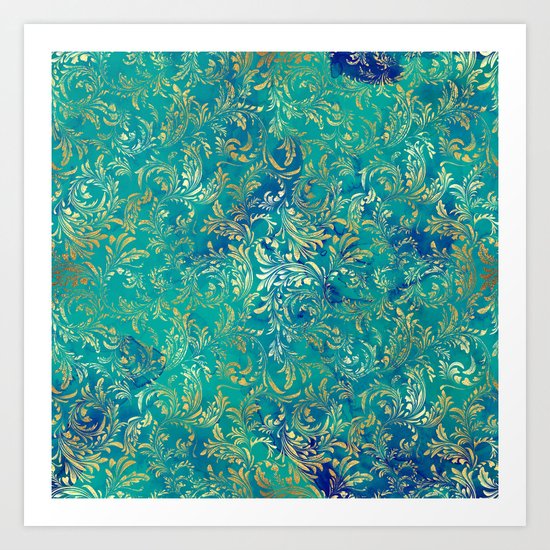 Blue Gold Swirls Art Print