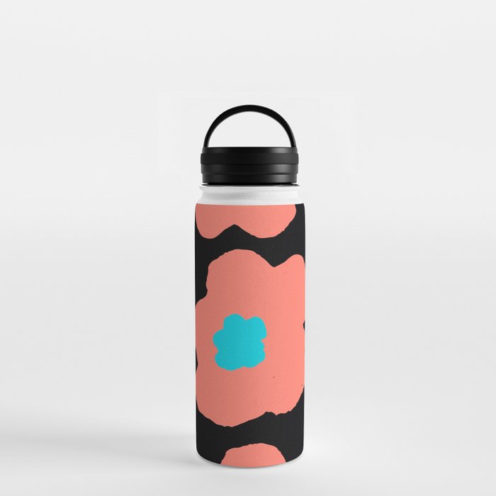 Large Pop-Art Retro Flowers in Coral on Black Background  Water Bottle