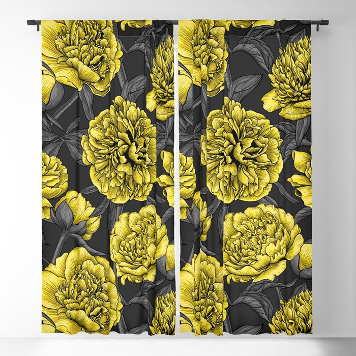 Night peony garden in yellow and gray Blackout Curtain