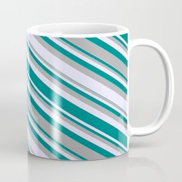 [ Thumbnail: Dark Grey, Lavender, and Teal Colored Stripes Pattern Coffee Mug ]