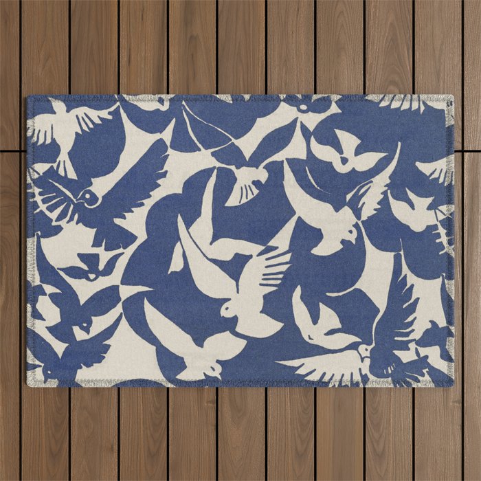 Pigeons in White and Blue Outdoor Rug