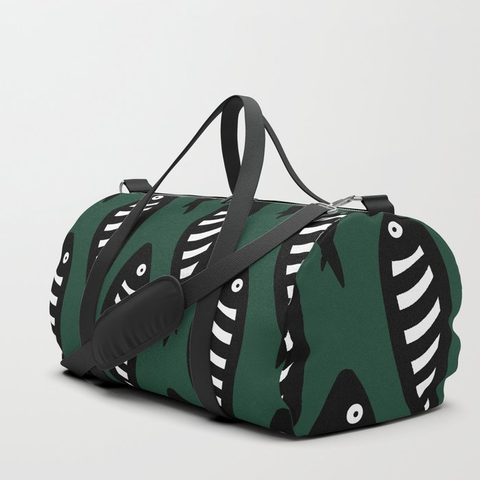 Abstract black and white fish pattern Pine green Duffle Bag
