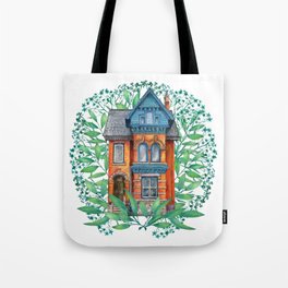 magic  victorian house and green leaves on white background  Tote Bag