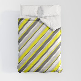 [ Thumbnail: Yellow, Dim Gray, White & Light Grey Colored Stripes Pattern Comforter ]
