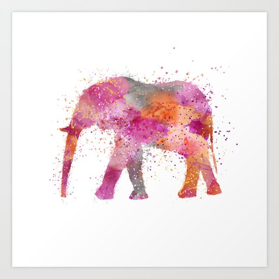 Artsy watercolor Elephant bright orange pink colors Art Print