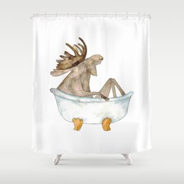 Moose taking bath watercolor Shower Curtain