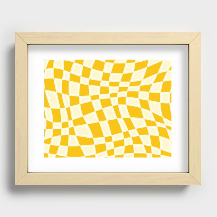 Abstract Retro Swirl Curvy Checkerboard Square Pattern Design // Yellow Mustard Colors Recessed Framed Print