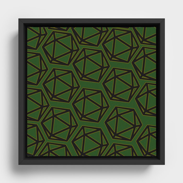 D20 Pattern - Green Gold Black Framed Canvas