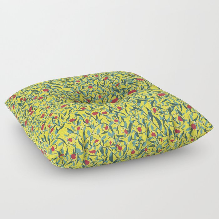 Red and Pink Florals on a Yellow Background Floor Pillow