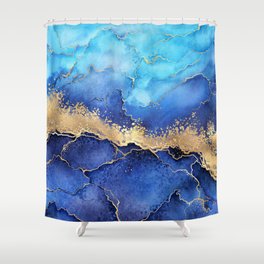 Midnight Blue + Gold Wavy Abstract Shoreline Shower Curtain