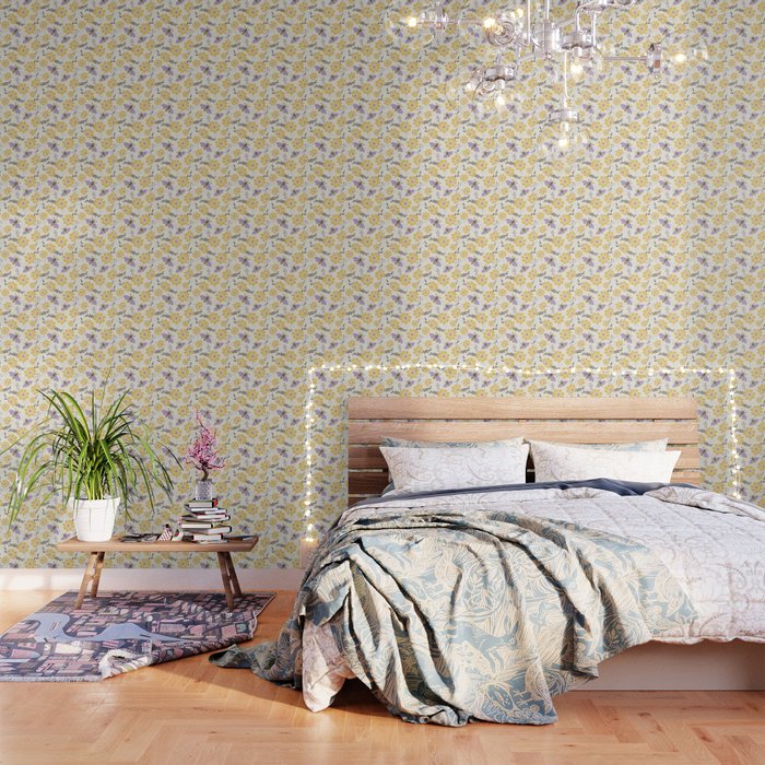 Honey Bees And Flowers Yellow And Lavender Purple Wallpaper By Avenie