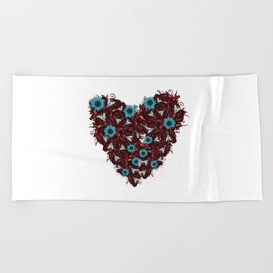 Flesh Heart, Flyes and Flowers Beach Towel