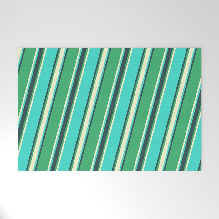 Sea Green, Light Yellow, Turquoise, and Dark Slate Gray Colored Striped Pattern Welcome Mat