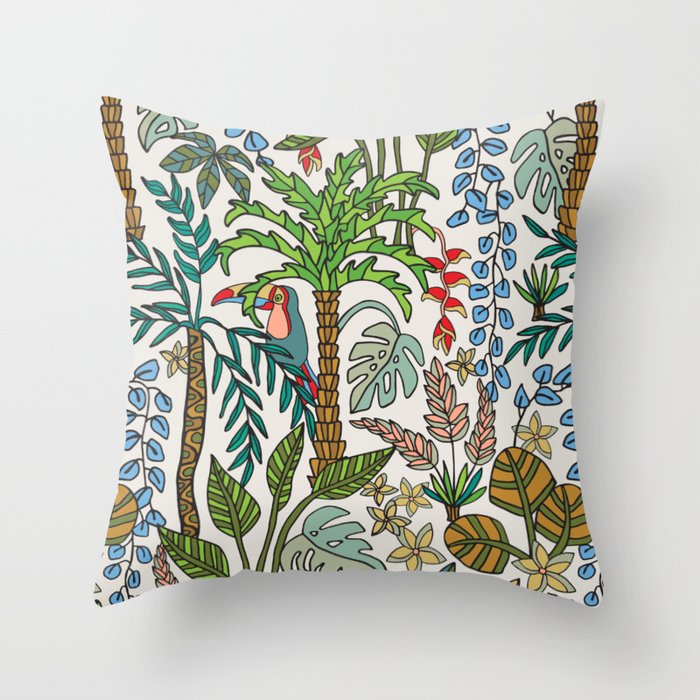 COLORING BOOK JUNGLE FLORAL DOODLE TROPICAL PALM TREES WITH TOUCAN in RETRO 70s COLORS Throw Pillow