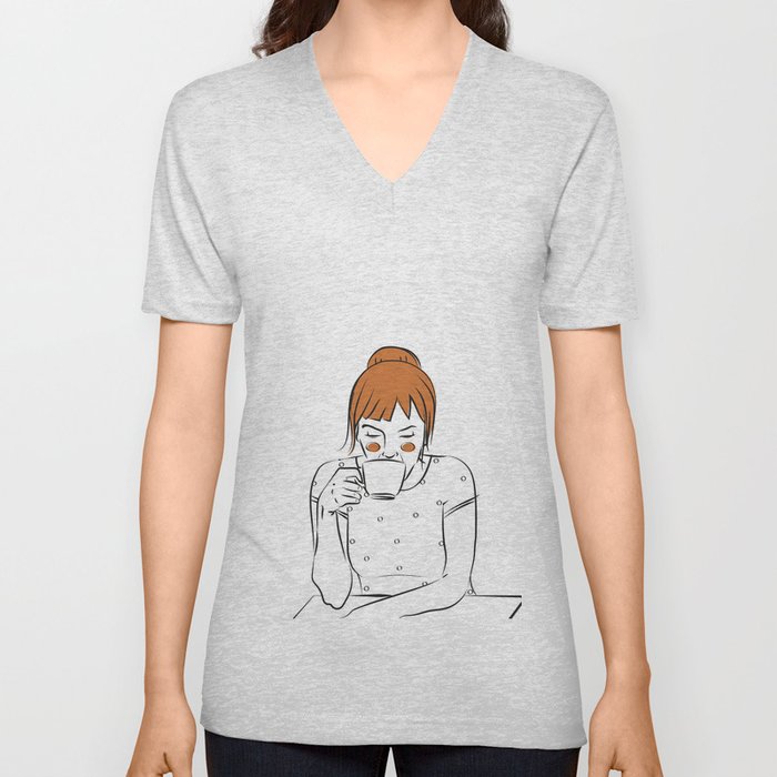 Girl & Coffee  V Neck T Shirt