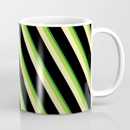 [ Thumbnail: Green, Pale Goldenrod, Black, and Forest Green Colored Pattern of Stripes Coffee Mug ]