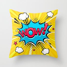 Comic speech bubble with expression text Wow!, stars and clouds. bright dynamic cartoon illustration in retro pop art style on halftone background Throw Pillow